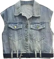 [Jegsnoe] Women's Thin Denim Vest Crop Top Spring Summer Casual Vintage Sleeveless Jacket Vest