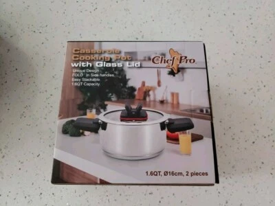 Casserole Cooking Pot Chef Pro unique fold system W/ Glass Lid 1.6 quarts 2pc