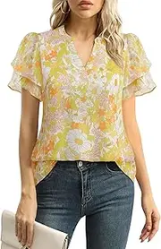 [Lotusmile] Womens Dressy Chiffon Blouses Summer Puff Petal Short Sleeve Shirts V Neck Casual Work Tops