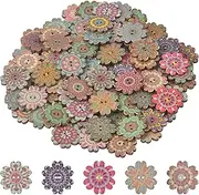 100PCS Wood Buttons, Flower Painting 2 Holes Decorative Vintage Wood Wooden Buttons for Sewing Crafting for Sewing Craft Decorative 20mm Mixed Random