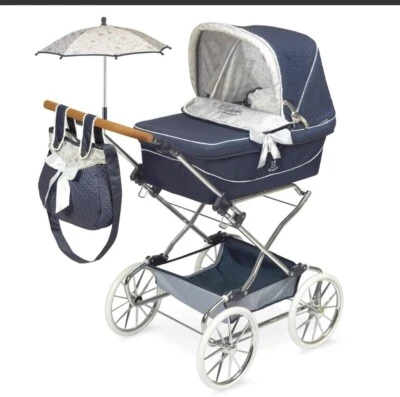 NEW & UNOPENED - Navy Reborn Vintage-Style Folding Pram For Dolls