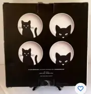 Set 4 ELUM HOME Halloween BLACK CAT 7.5” Plates Spooky Black & White Appetizer
