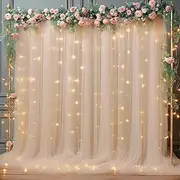 10x10ft Champagne Tulle Backdrop Curtain with Lights String for Parites, Sheer Backdrop Curtains for Wedding Baby Shower Birthday Party Photo Shoot Decorations
