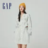 在飛比找momo購物網優惠-【GAP】女裝 Logo純棉印花翻領長袖洋裝-白色條紋(87