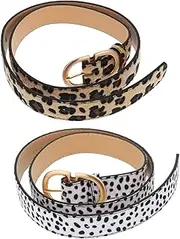 [Minkissy] 2pcs Leopard Cow Print Lady Waist Belts Fashionable Durable Jeans Belts for Women Stylish Leather Design for Casual Outfits