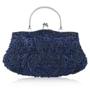 Beaded Sequin Design Flower Evening Purse Large Clutch Bag-Blue