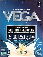 Vega Sport Protein Powder Vanilla (12 Count, 1.5oz packets) - Plant-Based Vegan Protein Powder, BCAAs, Amino Acid, tart cherry, Non Dairy, Gluten Free, Non GMO (Packaging May Vary)