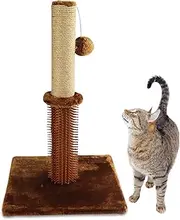 1 Set Cat Scratching Posts with Self Groomer Cat Brush, Cat Scratcher Post with Cat Interactive Toy, Cat Scratching Post for Indoor Cats (Brown)