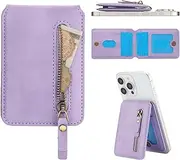 Konstreet for Strong Magnetic PU Leather Zip Wallet Compatible with MagSafe Any Phone Case and Device with 3 Card Slots and 1 Zipper Cash Slot Stand and RFID Blocking, Purple