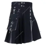 Handmade Cargo Pockets Black with Grey Touch Utility Kilt for Men Made in Cotton