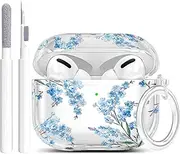 for Airpods Pro 2nd Generation Case Cover with Cleaner Kit, Clear Flower Case for Women Cute Protective with Keychain for AirPod Pro 2nd 2023/2022