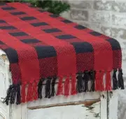 NEW - BUFFALO Check Cotton Table Runner RED and BLACK 15" x 72" FRINGED Ends