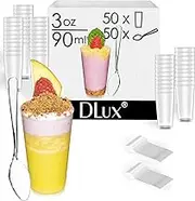 DLux Mini Dessert Cups with Spoons (90 ml x 50 Pcs) Clear Plastic Parfait Appetizer Cups, Shooter 3 oz Small Reusable Bowl for Party Desserts Appetizers - with Recipe Ebook
