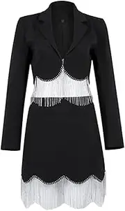 [Bciopll] Women 2 Piece Short Skirts Set Long Sleeve Rhinestones Tassel Curved Hem Blazer Coat Suits