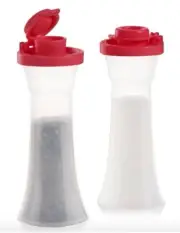TUPPERWARE SMALL HOURGLASS SALT & PEPPER SHAKERS RED MINI SHAKER SET 4” NEW
