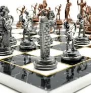 Black White Marble Patterned Wooden Chessboard and Metal Chess Pieces