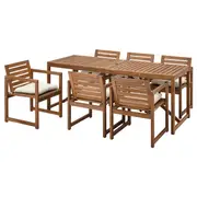 NÄMMARÖ table+6 chairs w armrests, outdoor, light brown stained/Kuddarna beige