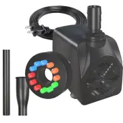 15W 200 GPH Submersible Fountain Pump with LED Light, Ultra Quiet Adjustable ...