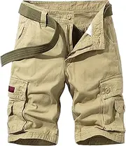 [PHJTOMK] Mens Buckle Zipper Cargo Shorts Loose Fit Multi Pocket Work Short Military Paratrooper Vintage Style Camo Shorts, Khaki 7, 36