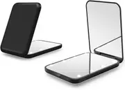 Travel Makeup Pocket Mirror with LED Light, 1X/3X Magnification, Portable and Folding, Black