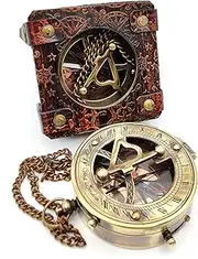 5MoonSun5's Antique Brass Sundial Compass Marine Boat Gift Pocket Sun Dial in Leather Display Box Nautical Marine Gift Sun Clock Pirate Ship Replica Watch Steampunk Accessory