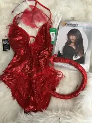 Tipsy Elves Fringe Sequin Devil Halloween Costume Sz M with Wig!