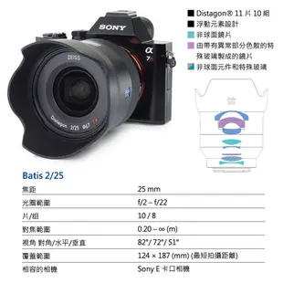 Zeiss 蔡司 BATIS 2.0/25 25mm F2.0 鏡頭 / Sony E卡口 正成公司貨 現貨 廠商直送