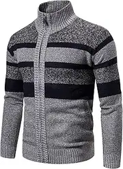 [SWJGLITTR] Men's Full Zip Up Cardigan Sweaters Stand Collar Coat with Pockets Knitted Slim Fit Button Down Cardigans, Light Gray, Large