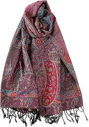 [Achillea] Luxurious Double Layered Jacquard Big Paisley Pashmina Shawl Wrap Scarf, Black Red
