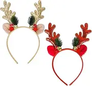 [AYNKH] Christmas Reindeer Headband 2 Pcs Sequins Antlers Christmas Headbands Xmas Hair Hoops with Plush Ears Bell Antler for Kids Women Girls Christmas Party Headwear Hair Band Decoration Accessories