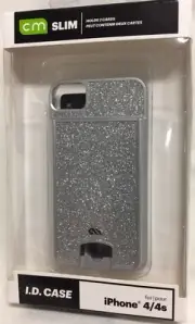 CaseMate Slim I.D. case for Apple iPhone 4/4s, Silver sparkle, 2 card holder New