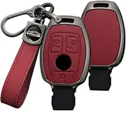 HIBEYO 3 Button Key Fob Cover Compatible with Mercedes Benz AMG C E M S CLS CLA GLK GLA GLC GLE Key Leather & Alloy Key Cover Accessories with Keychains-A Keychain Red