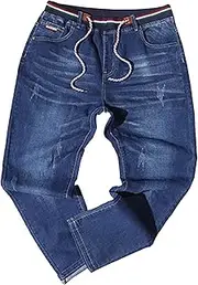 [Zylphorix] Men Drawstring Elastic Mid Waist Straight Jeans Loose Casual Wide Leg Denim Pant Y2K Wash Retro Motorcycle Trousers, Blue, X-Large