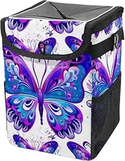 Car Trash Can with Lid and Storage Pockets Leak-Proof Organizer,Multipurpose Trash Bin for Car,Floral Purple Butterflies