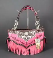 Heritage West Fuchsia Pink Fringe Rhinestone Concho Stud Shoulder Handbag B2