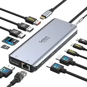 12in1 Triple Displays USB C Docking Station Dual Monitor HDMI, Laptop Docking Station, Dock Multiport Adapter to 2 HDMI, DisplayPort, PD Charging, 10Gbps USB C/A Ports, Ethernet, SD/TF, Audio