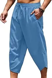 [Generic] Men's Harem Capri Pants Casual Drop Beach Yoga Trousers Comfy Drawstring Lightweight Men Loose 3/4 Pant