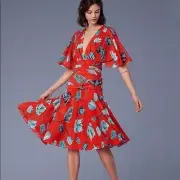 NWT Diane Von Furstenberg DVF Flutter Slv Cinched Waist Dress Asher Vermillion-L