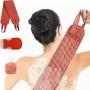 MKUCCD Exfoliating Back Scrubber with Handle, Exfoliating Glove and Bath Loofah Set, Body Exfoliator Bath Tool Deep Cleansing Skin, for Both Men and Women - 3 Pack (85 * 9.5CM) (Red)