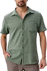 [PAODIKUAI] Men's Retro Short Sleeve Corduroy Shirt Casual Button Down Shirts