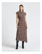 [Cue] Leopard Viscose Collared Midi Dress in Chocolate