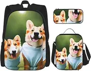 [JBYJBX] Wearing Clothes Corgi Dogs Print School Backpack Adjustable Shoulder Straps,Lunch Bag Pencil Case 3-In-1 Set Bag, Black, One Size