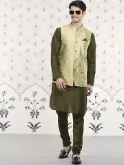 Men's Kurta Set – Mandarin Collar Kurta with Churidar & Nehru Jacket – Sale