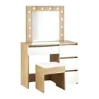 NNEED Dressing Table Stool Set 12 LED Bulbs Mirror Wooden&White