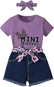 [HSOXLQF] Kids Toddler Girls Summer Clothes Leopard Butterfly Print T-Shirt + Belted Denim Jeans Shorts 3PCS Outfits