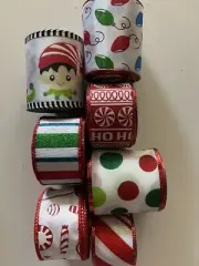 Lot 7 Christmas Bulbs Elf Kids Candies Dots Wired Ribbon 4Yds Ea 2.5” & 1.5” New