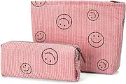 SANYETS 2 Pieces MakeUp Bag,Cosmetic Bag for Women,Travel Makeup Bag,MakeUp Bag Organizer Bag,Small Makeup Pouch,Cute Make Up Purse with Zipper,Aesthetic Preppy Stuff, Smiley-Pink, 2-pack