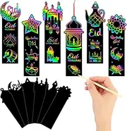 JUNEBRUSHS 30Pcs Ramadan Crafts, Rainbow Magic Ramadan Scratch Bookmarks for amadan Gifts Eid School Classroom Activities Ramadan Arts and Crafts Eid Party Favors