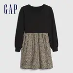 GAP 女童裝 摩登豹紋拼接長袖洋裝-黑色拼接(617033)