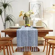 Chassic Rustic Farmhouse Style Linen Table Runner, Boho Handmade Tassel Embroidery Table Runners 60 Inches Long for Holiday Party, Dresser and Dining Decorations, 13 x 60 inch - Blue